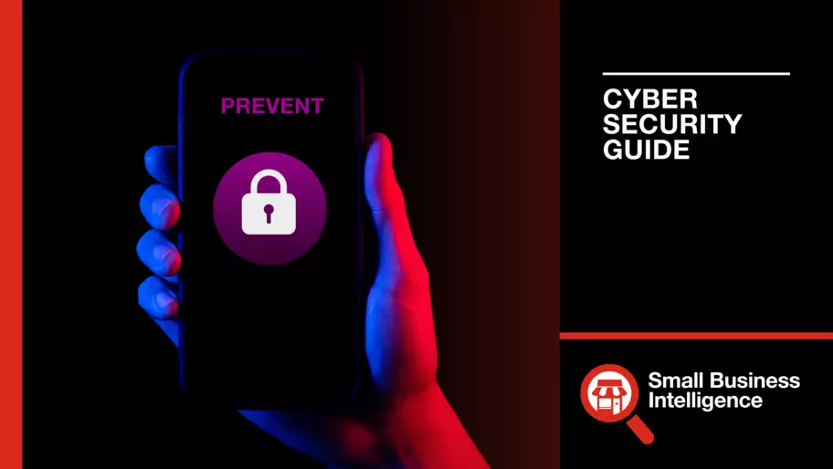 Business owner's hand holding mobile device displaying 'prevent' on screen for guide to preventing cyber attack