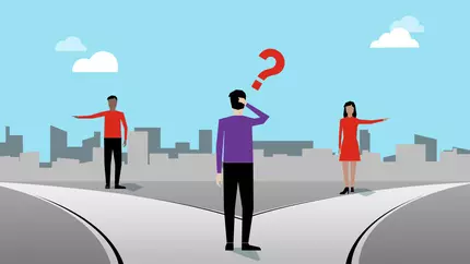 Animated business owners choosing which insurance is right for them. Blue sky background with red question marks overhead.