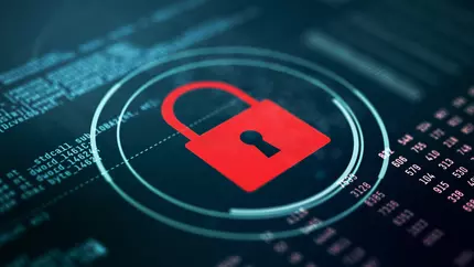 Red padlock set against black computer screen background with white coding.